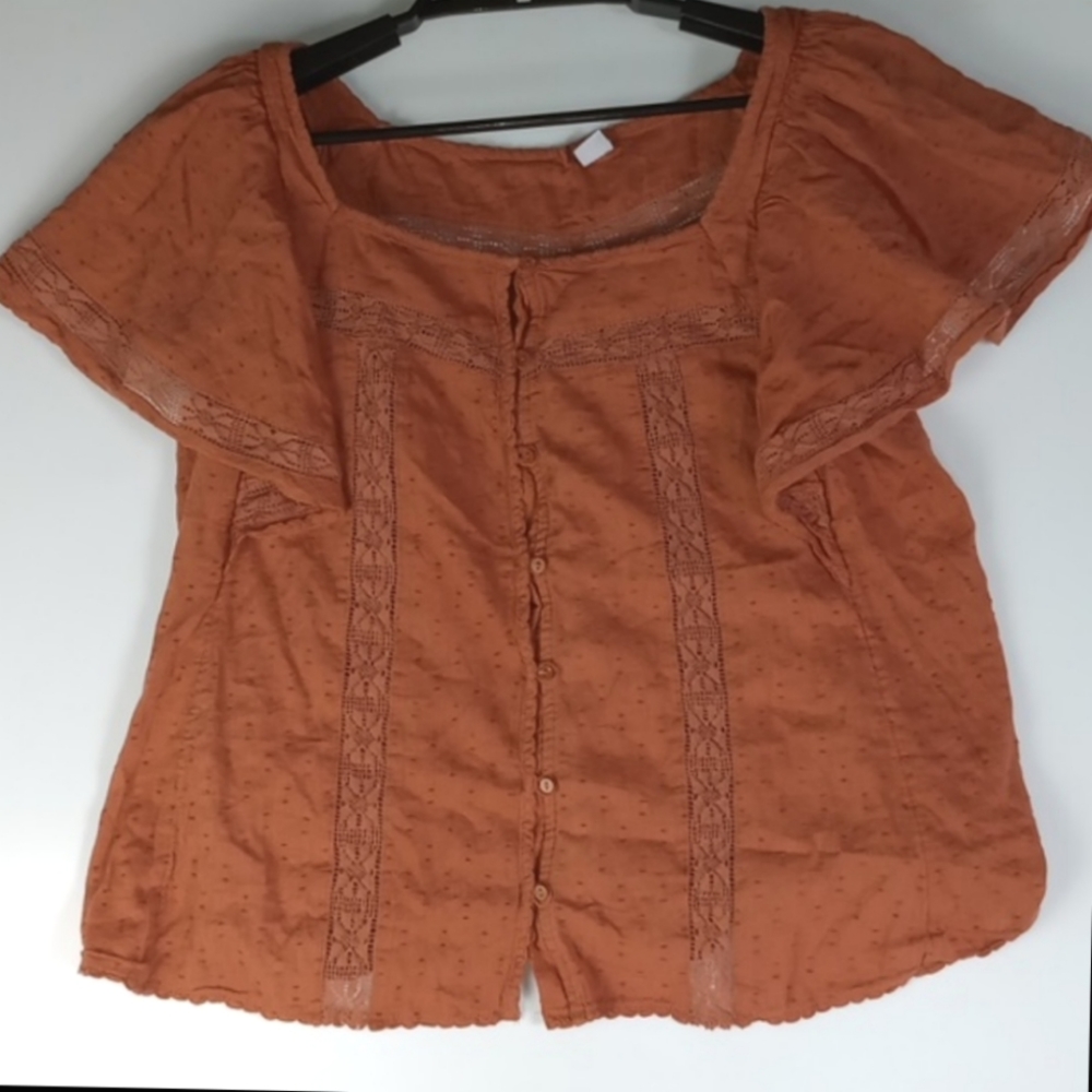 Old Navy Lacey Button Up Blouse Women ‘s Medium Orange Stitch